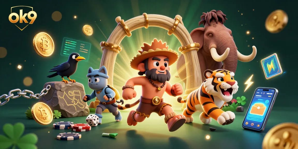 Experience thrilling moments at ok9 with vibrant characters in a prehistoric casino atmosphere.