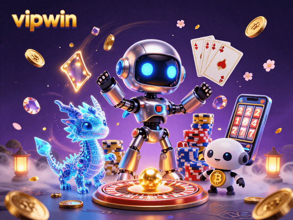 Experience excitement with vipwin through a dynamic digital gaming scene featuring vibrant casino elements.