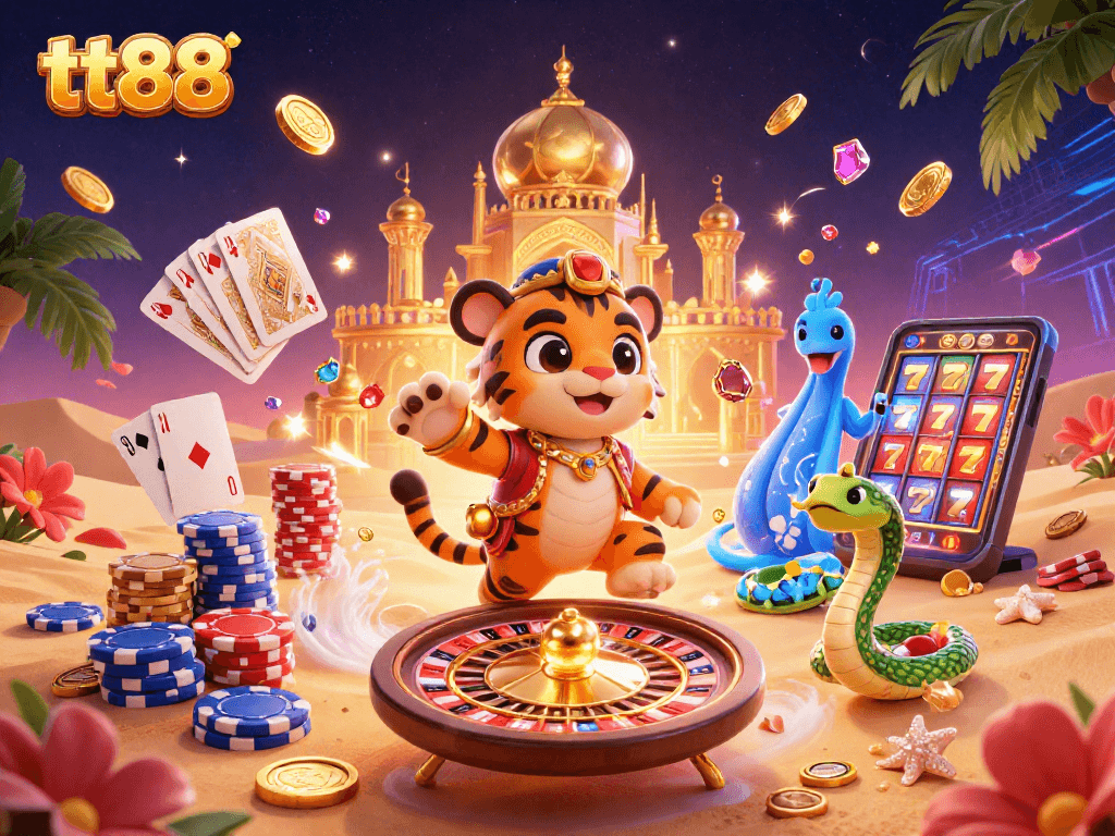 Experience excitement at tt88 with a vibrant casino scene featuring a sultan and magical elements.