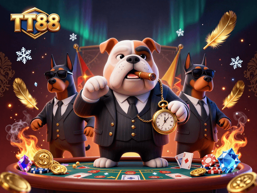 Experience TT88's exciting casino atmosphere with a mafia boss and his bodyguards amidst falling poker chips.