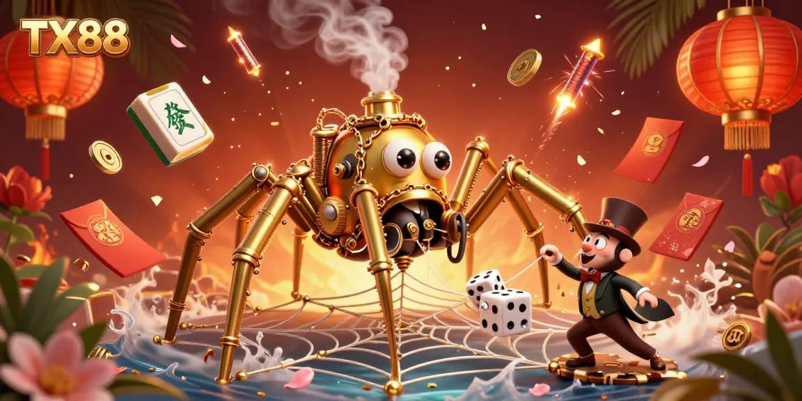 Experience the TX88 gaming thrill with a steampunk spider in a vibrant casino scene.
