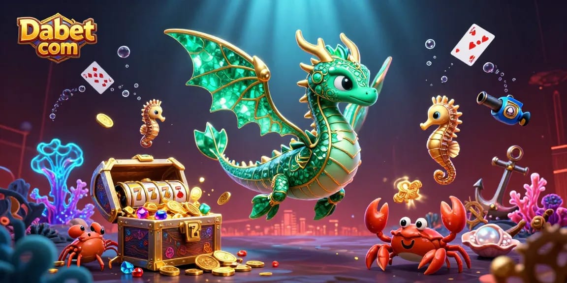 Win big at Dabet com with this vibrant scene showcasing games and treasures.