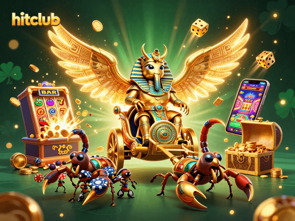 Engage in thrilling hits at hitclub featuring a dynamic casino scene with vibrant games and characters.