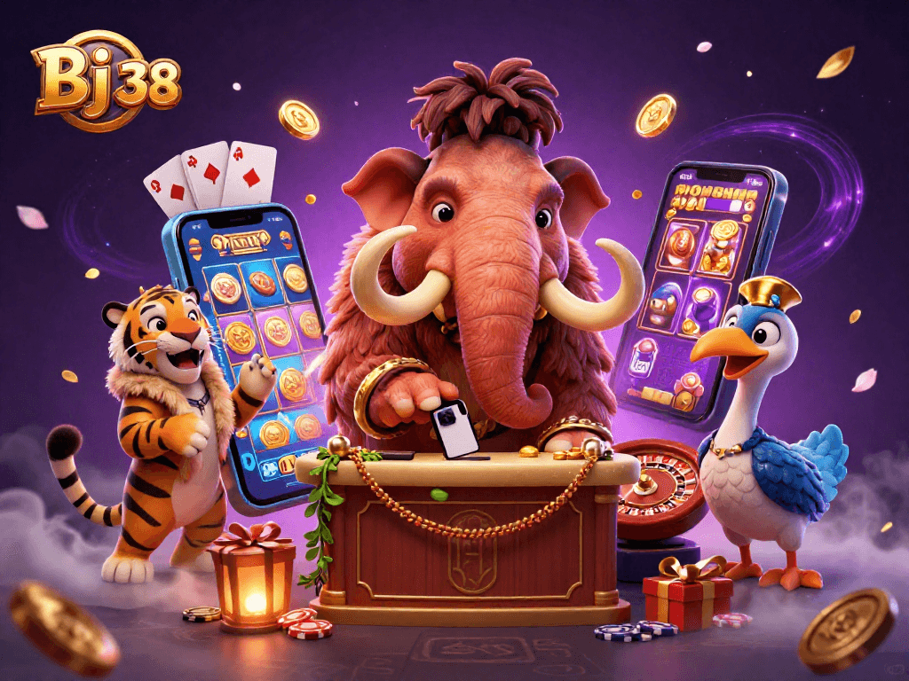 Engage in exciting gameplay at Bj 38 with a dynamic casino scene featuring cartoon characters and casino elements.