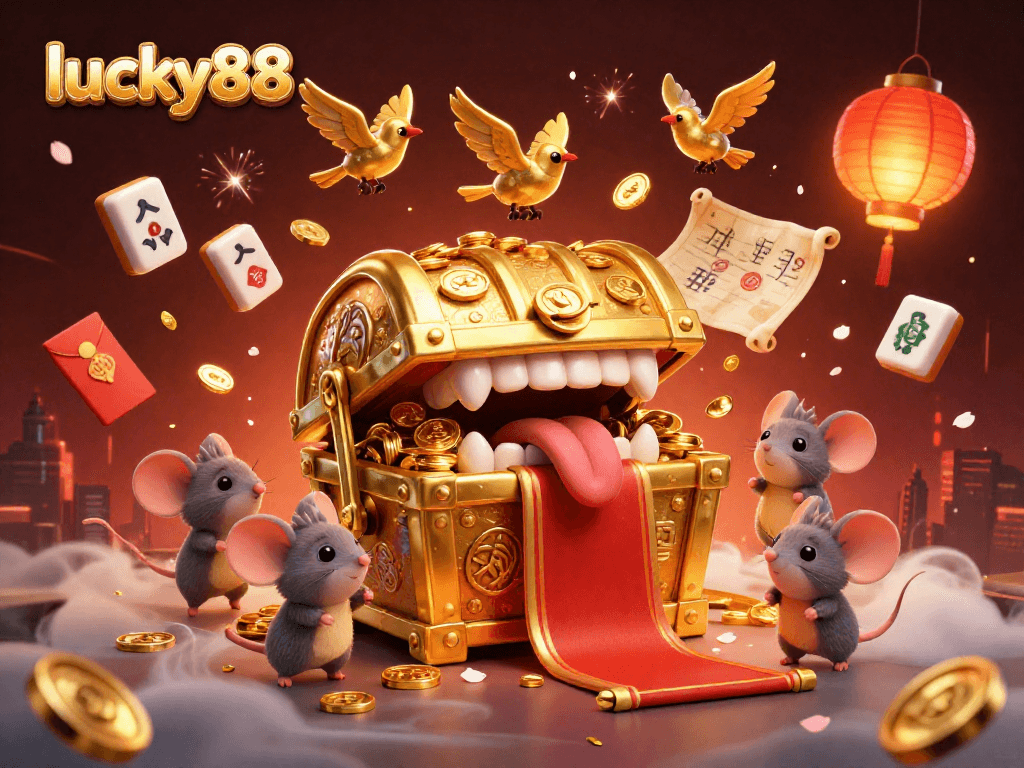 Engage in the luck of lucky88, exploring vibrant casino treasures amidst glowing lanterns and animated game symbols.