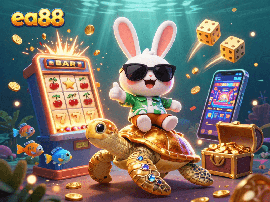 Play slots with ea88 – an epic win journey featuring lucky rabbit and golden sea turtle.