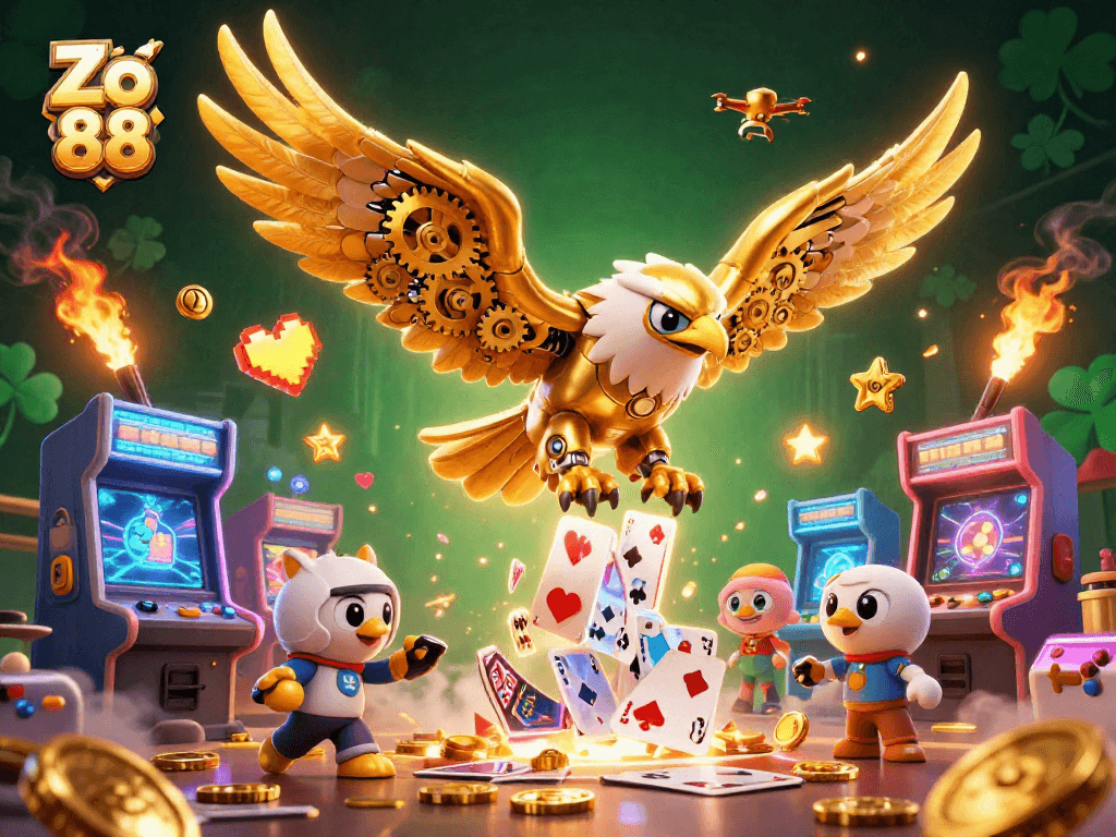 Experience the thrill of gaming at Zo 88 with a cybernetic eagle diving through holographic cards.
