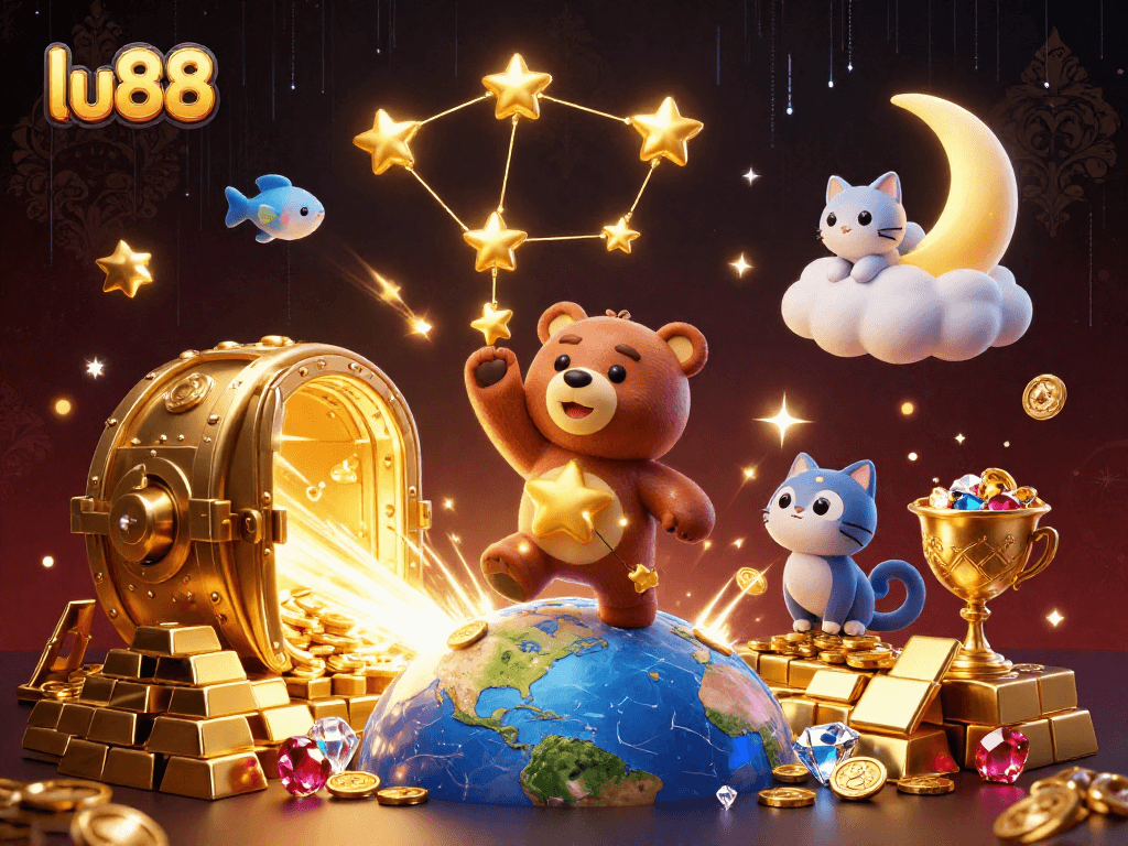 Experience the enchantment of lu88 as a bear scoops coins under a golden vault, celebrating gaming riches.