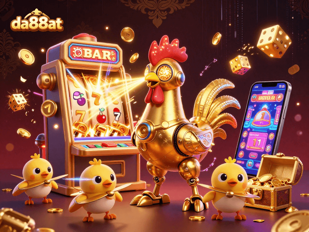 Experience thrilling wins with the da88at 3D casino adventure featuring a golden rooster robot and baby chick drones.