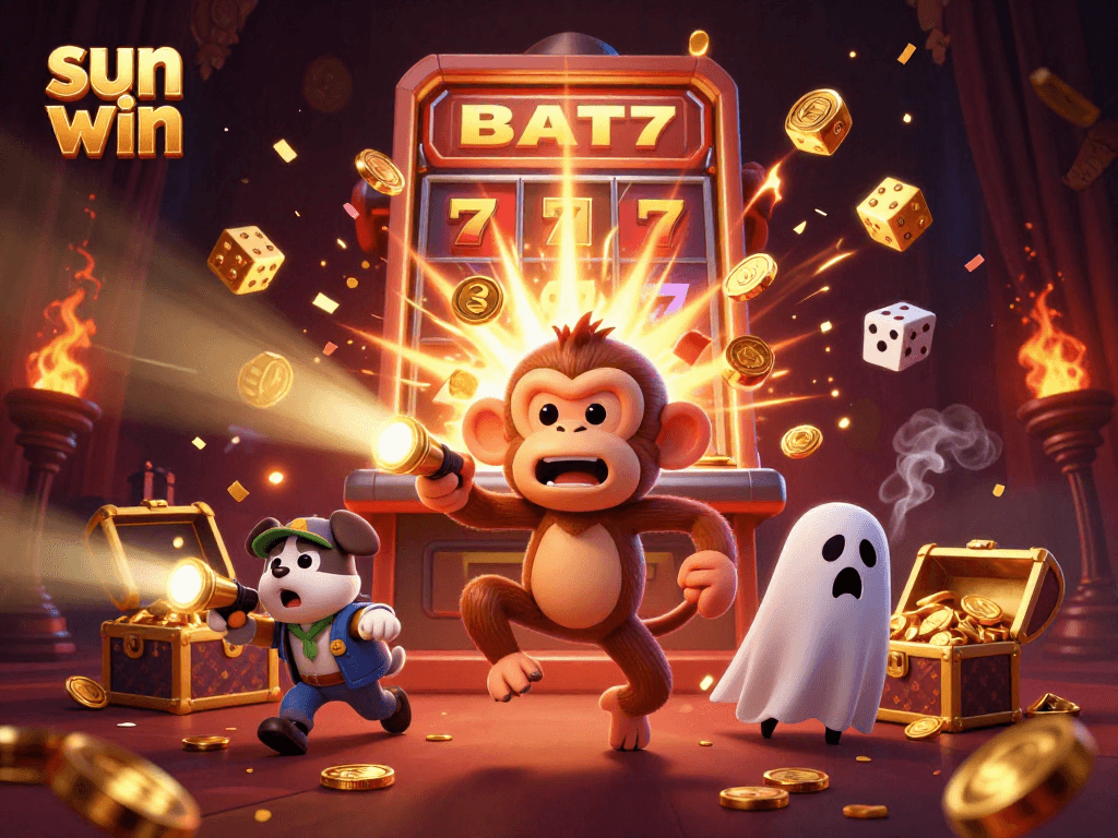 Experience the thrilling sun win moment with a poltergeist monkey juggling riches in a haunted casino.
