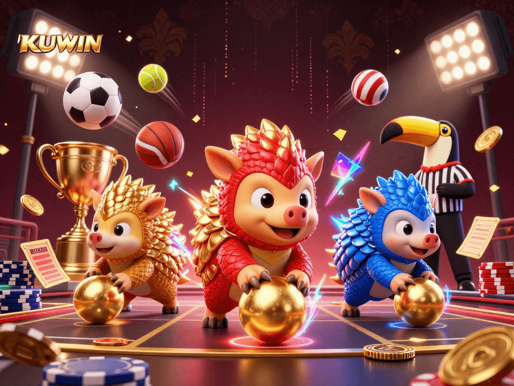 KUWIN platform showcases animated pangolins in a competitive casino setting, creating excitement with vibrant game elements.