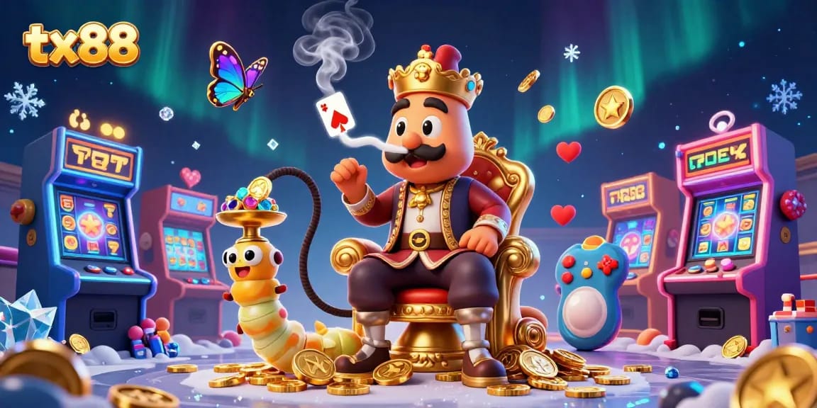 Experience the vibrant casino world of tx88 with a whimsical caterpillar and slots.