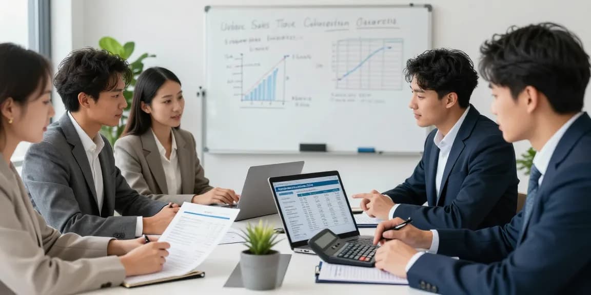 Business professionals using the quebec sales tax calculator 2026 in an engaging meeting, analyzing financial documents.