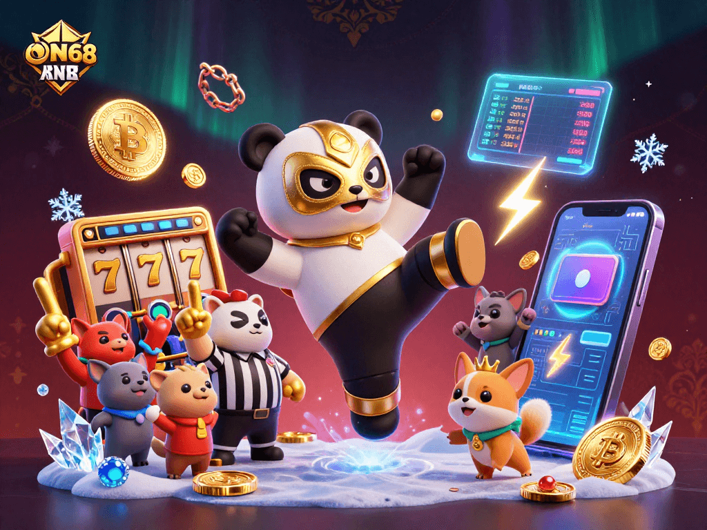 ON68 offers thrilling online slots as the wrestler panda performs in an energetic casino scene.