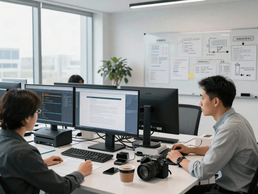 Analyst performing document fraud detection using advanced technology tools in a professional office setting.