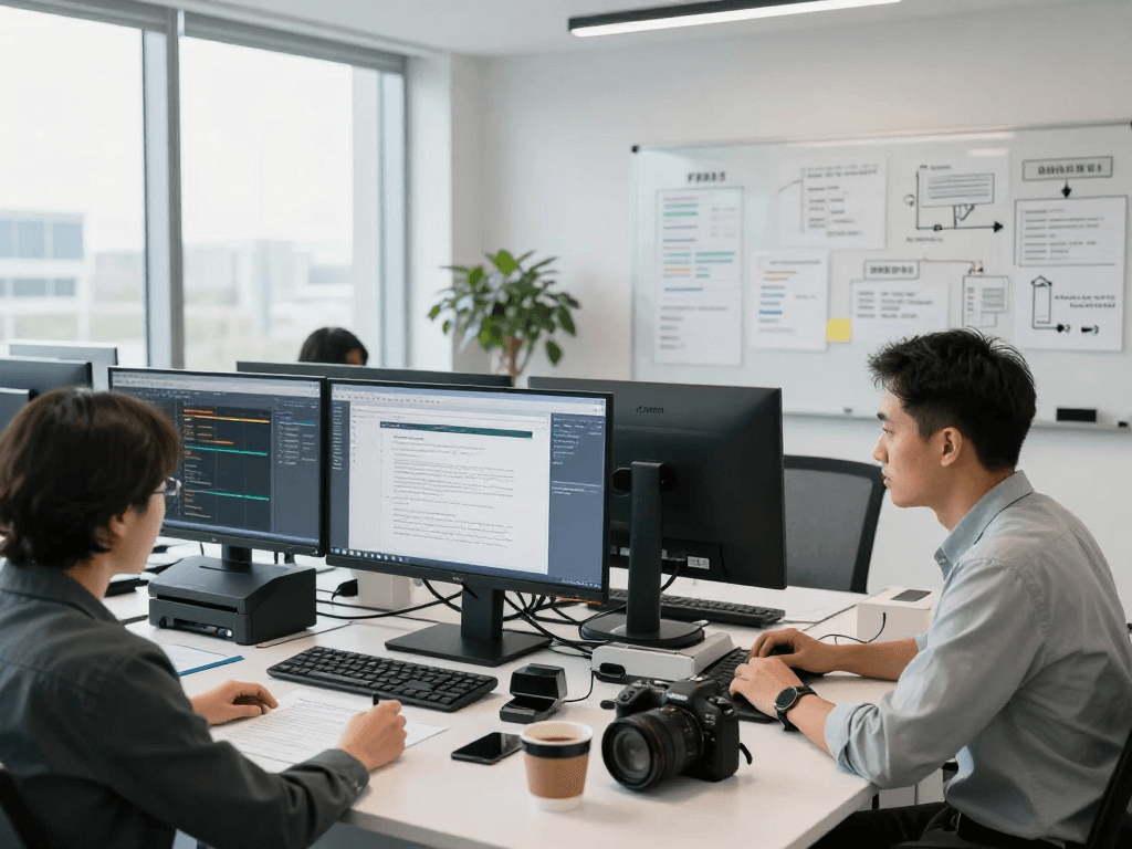 Analyst performing document fraud detection using advanced technology tools in a professional office setting.