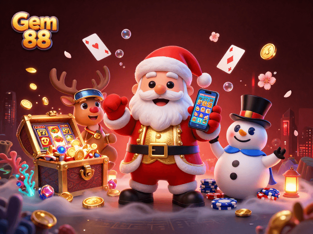 Experience thrilling games at Gem 88, featuring a vibrant casino illustration with Santa and friends amidst jackpot elements.