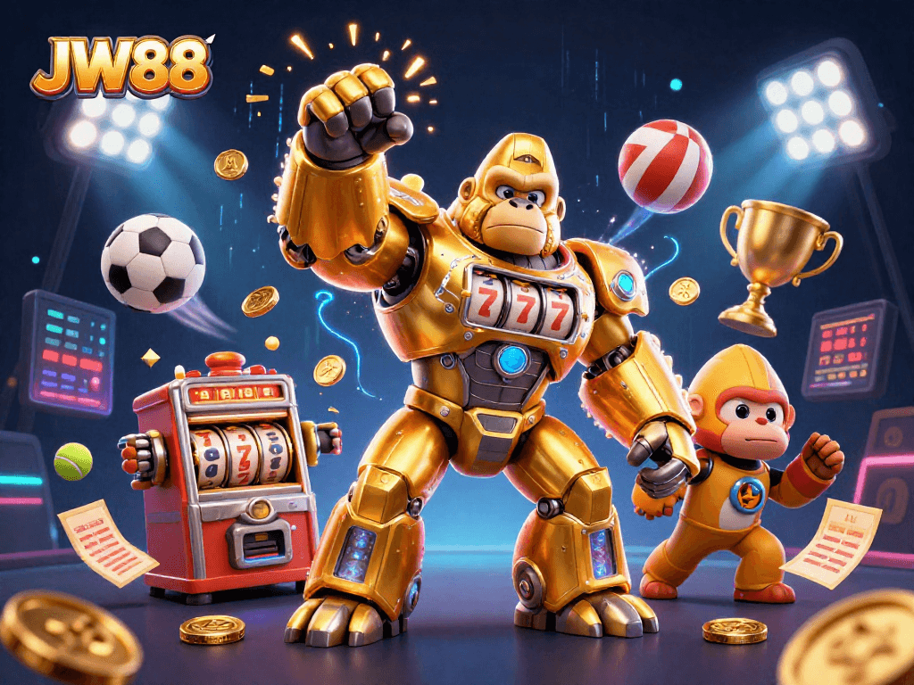 JW88's 3D cartoon gorilla mech attacks with sports elements and glowing trophies.