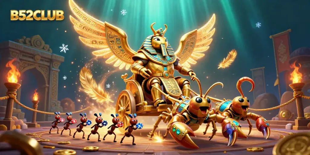 B52CLUB showcases an energetic scene with a colossal scarab beetle in pharaoh armor among gambling elements.