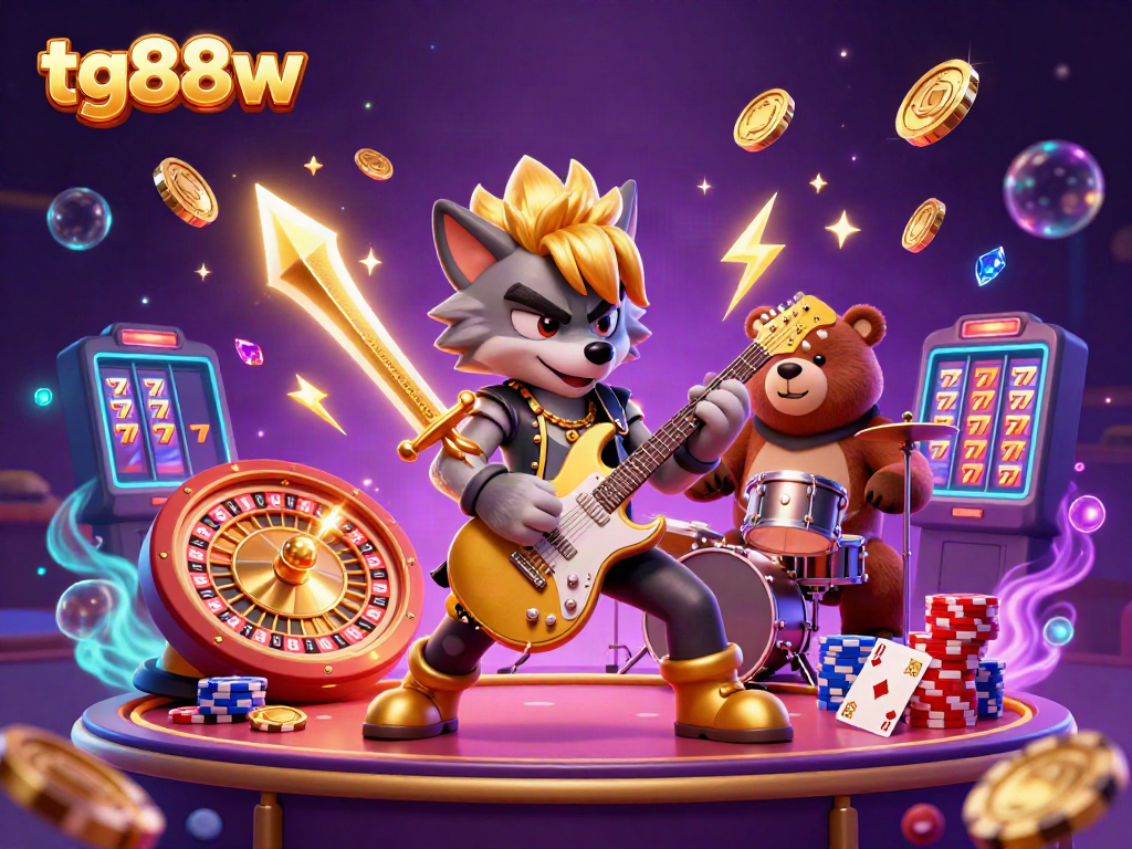 Experience the thrill of tg88w casino games with a vibrant concert scene showcasing rock star wolf and drummer bear.