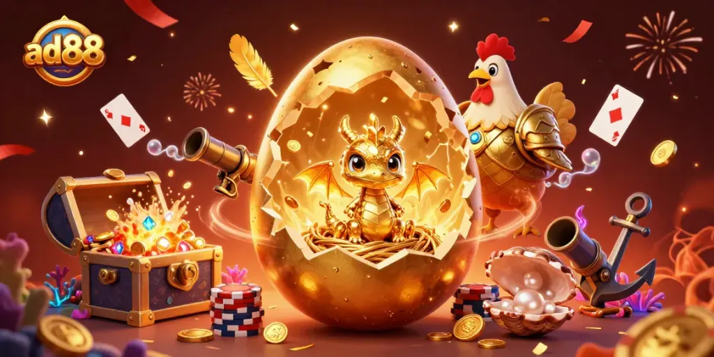 Join the excitement at ad88 with a shiny golden dragon and poker chips in this vibrant casino scene.