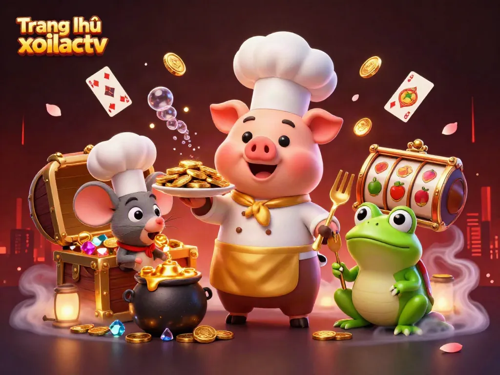 Experience the excitement of Trang chủ xoilactv with vibrant 3D characters amidst a casino-themed scene, featuring gold coins and gaming elements.