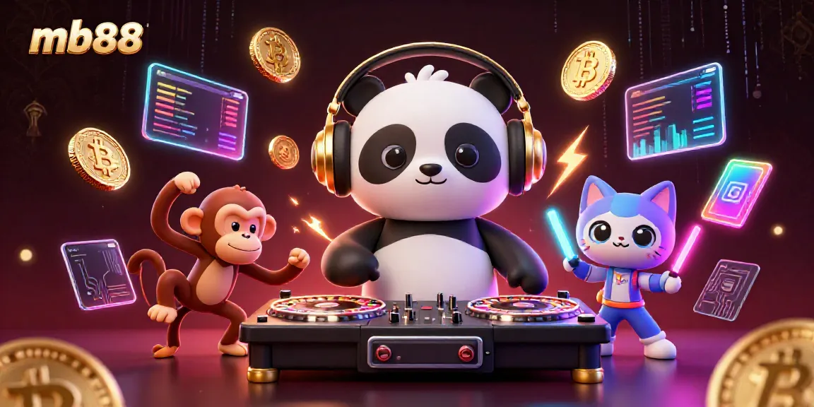 Experience the vibrant world of mb88 with a DJ panda, breakdancing monkey, and rave kitten in a colorful casino scene.