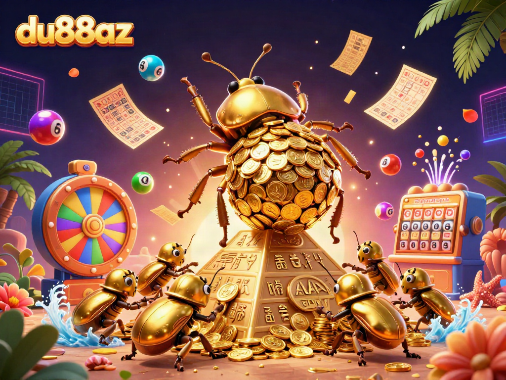 Experience exciting gaming at du88az with a vibrant scene of golden beetles and casino symbols.