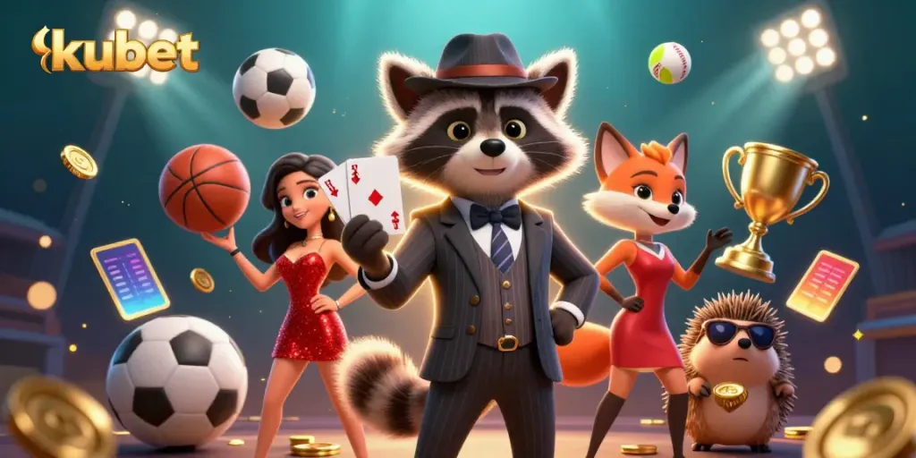 Experience kubet with a suave raccoon in a casino scene, showcasing royal flush and sports elements.