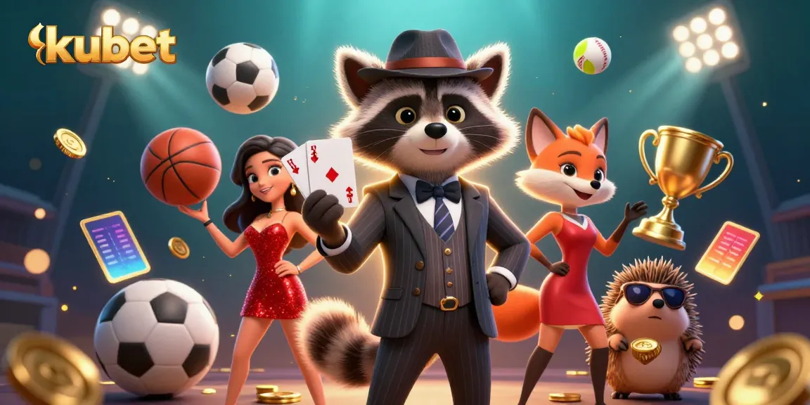 Experience kubet with a suave raccoon in a casino scene, showcasing royal flush and sports elements.