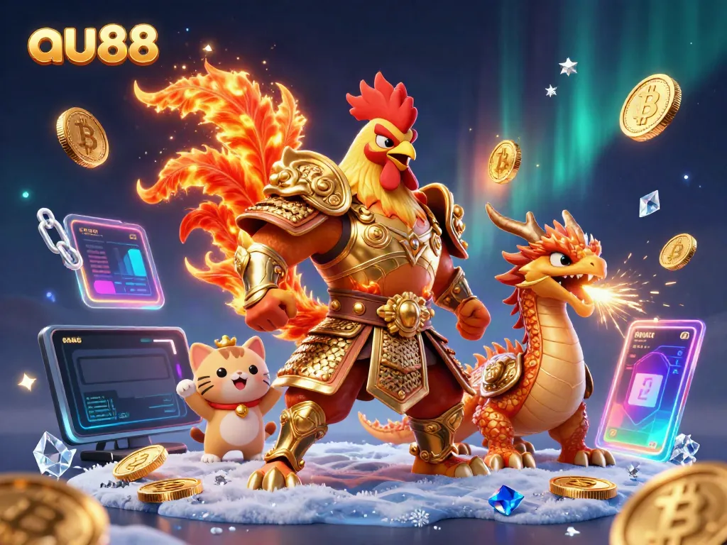 Experience thrilling gaming with au88's unique mascot trio in a vibrant 3D casino world.