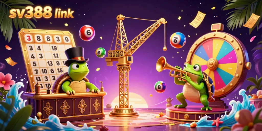 Engage with the lively sv388 link scene featuring dynamic gaming characters amidst a colorful lottery and gambling atmosphere.
