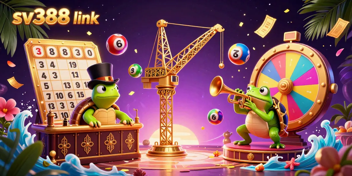 Engage with the lively sv388 link scene featuring dynamic gaming characters amidst a colorful lottery and gambling atmosphere.