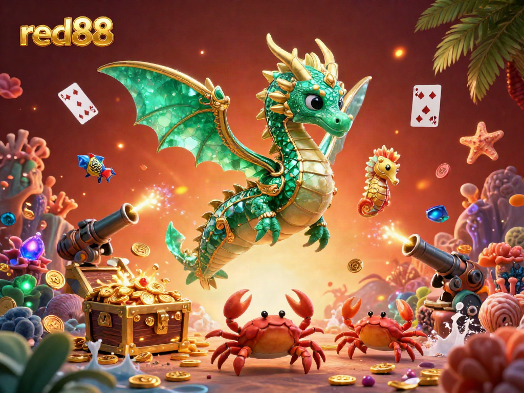 Engage with the vibrant world of red88 casino featuring a dazzling sea dragon and treasure elements in a captivating underwater scene.