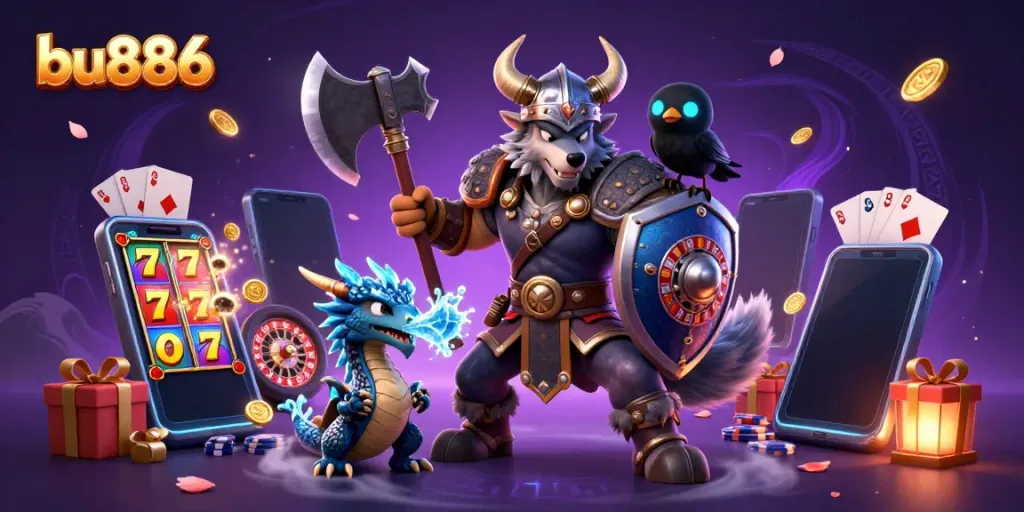 Experience thrilling casino action with bu886, featuring Viking warrior, dragon, and vibrant slot games.