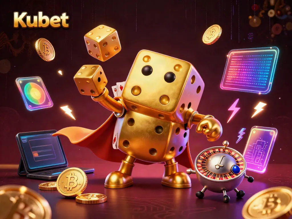 Play at Kubet casino with golden dice juggling and crypto symbols, highlighting immersive gaming.