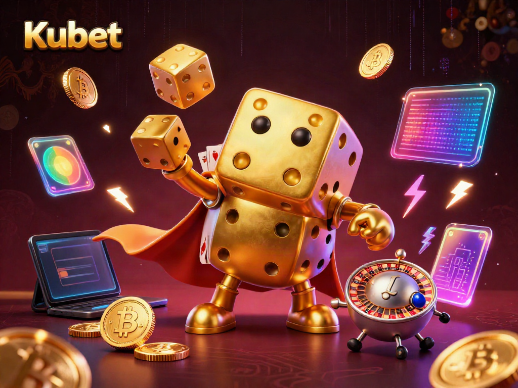 Play at Kubet casino with golden dice juggling and crypto symbols, highlighting immersive gaming.