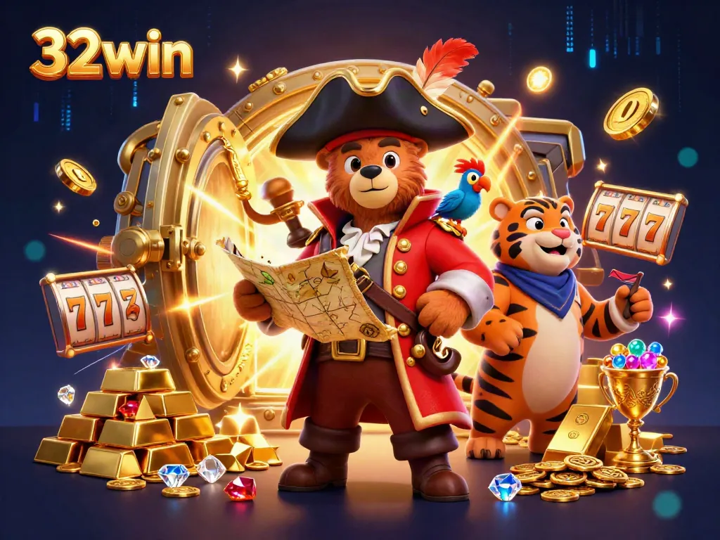 Experience the excitement of 32win with vibrant treasure-filled casino action featuring animated characters.