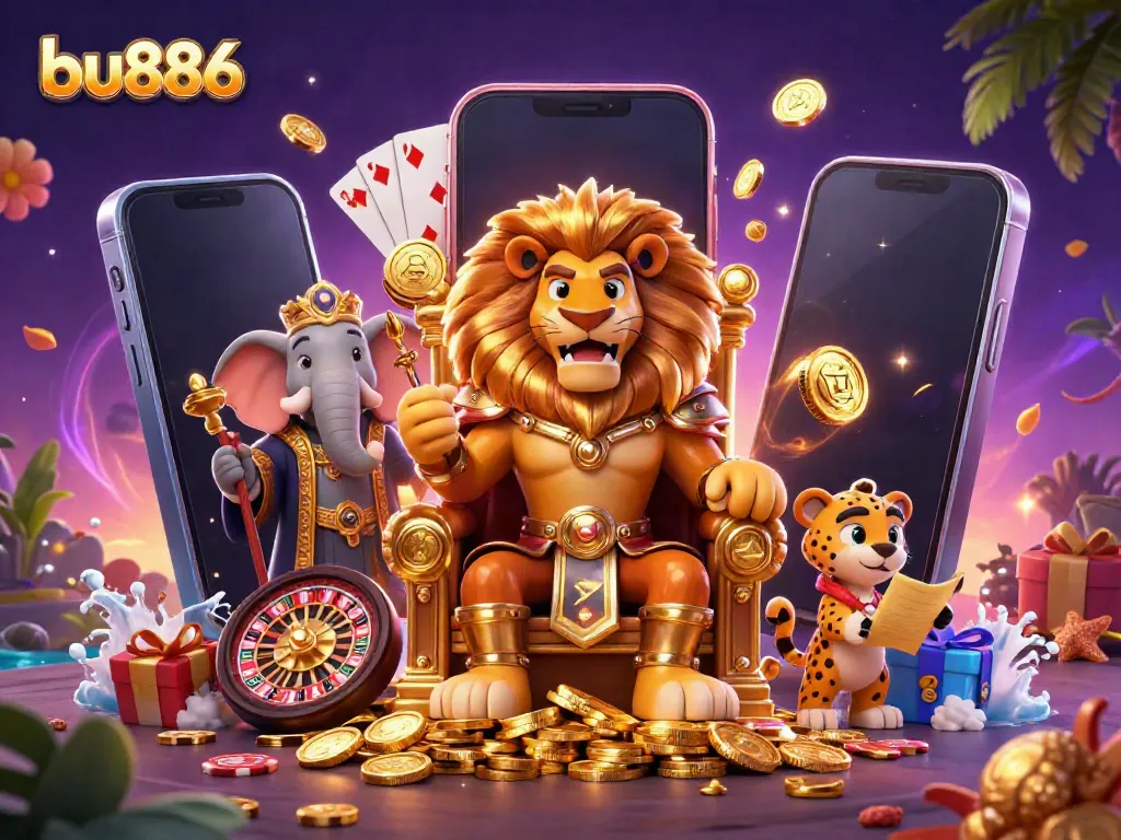 Join the bu886 lion king in a vibrant casino scene filled with golden coins and slot games.