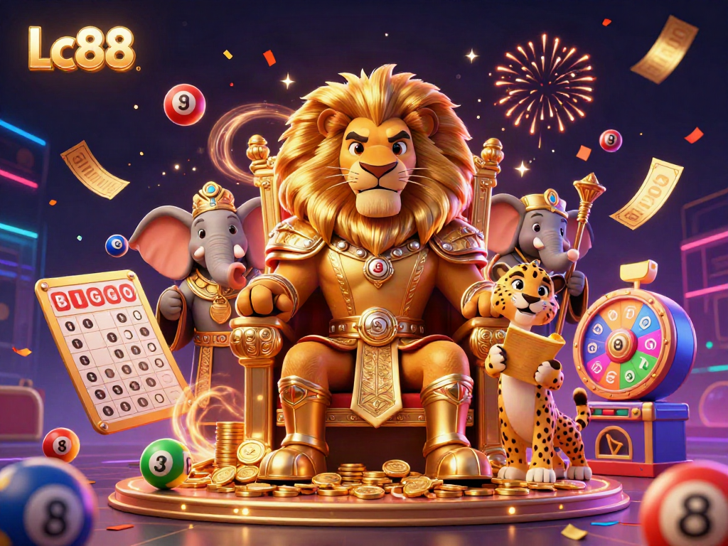 Experience a vibrant Lc88 casino scene with a lion king on a gold throne, elephant advisor, and cheetah messenger amidst dynamic lottery elements.