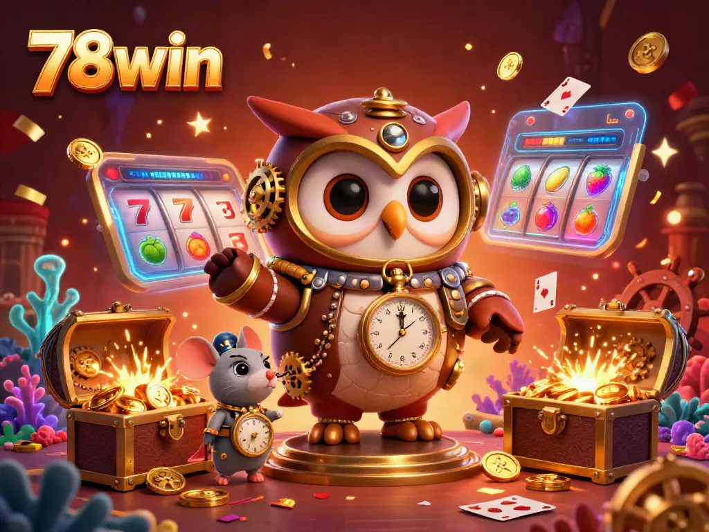 Engage in thrilling online gambling with 78win's vibrant casino scene featuring a steampunk owl and jackpot themes.