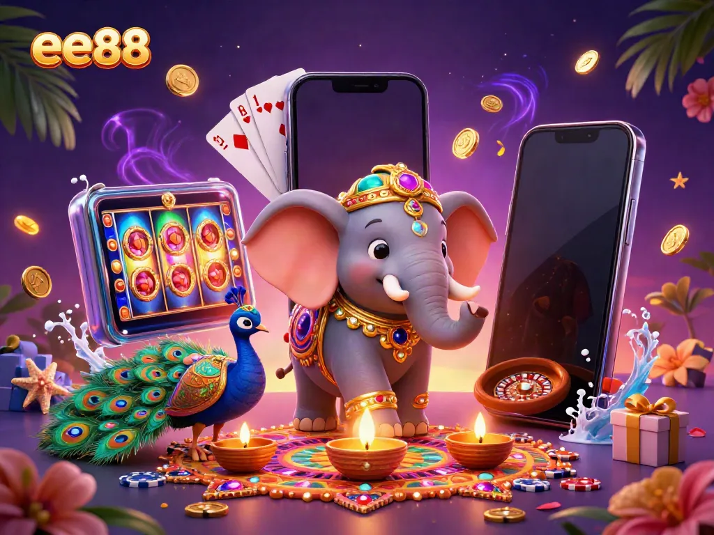 Immerse in ee88 slot games with a vibrant 3D illustration featuring enchanting characters and dynamic casino elements.