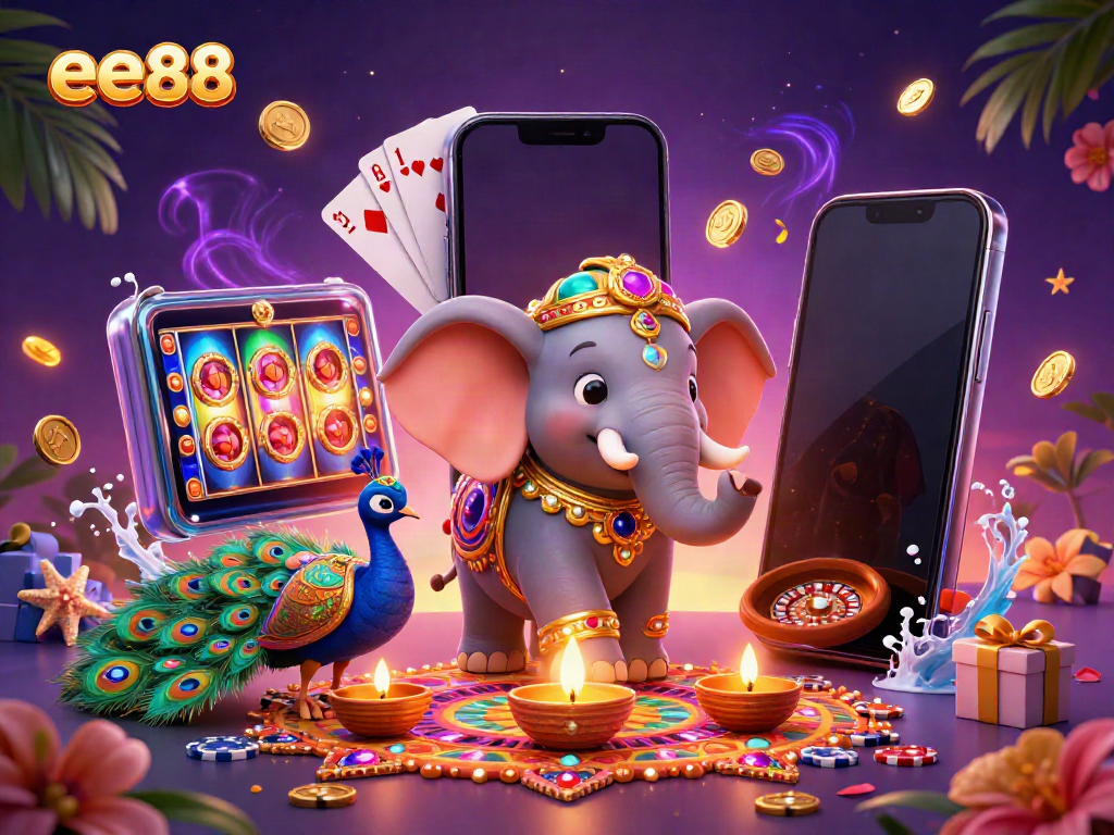 Immerse in ee88 slot games with a vibrant 3D illustration featuring enchanting characters and dynamic casino elements.