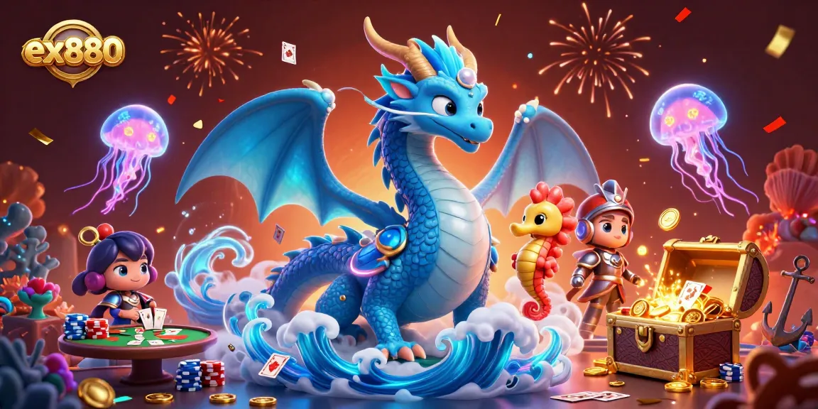 Experience stunning wins with ex880 in a vibrant casino scene filled with animated characters and glowing cards.