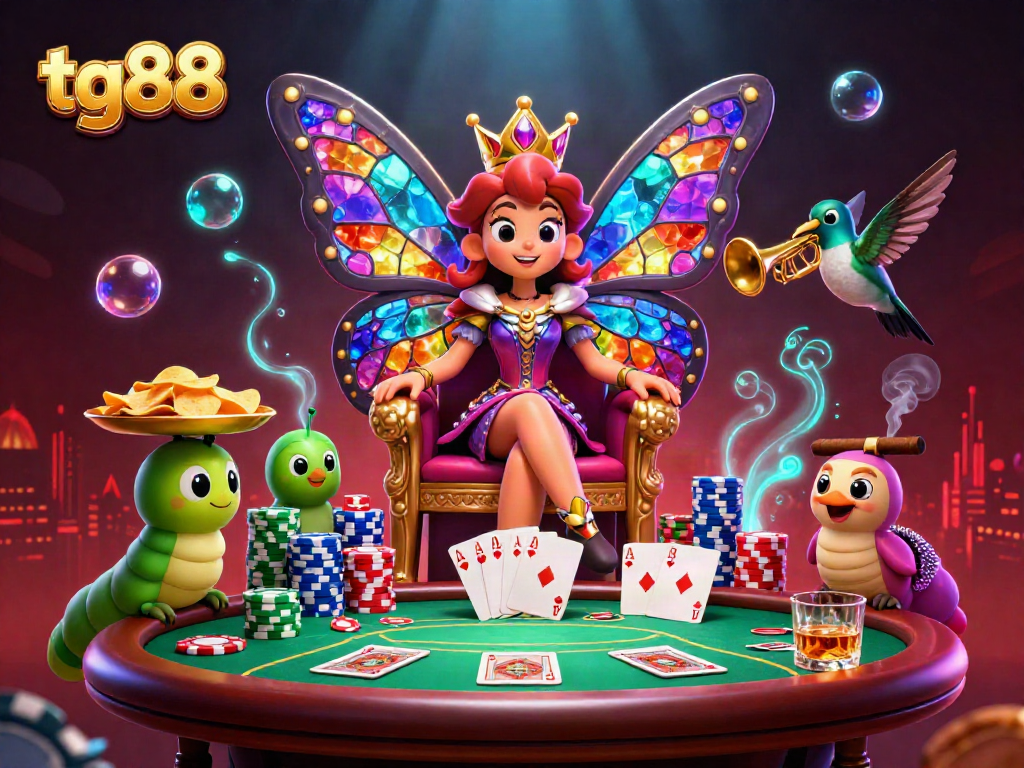 Experience excitement at tg88 with a vibrant casino scene featuring a butterfly queen and poker elements.