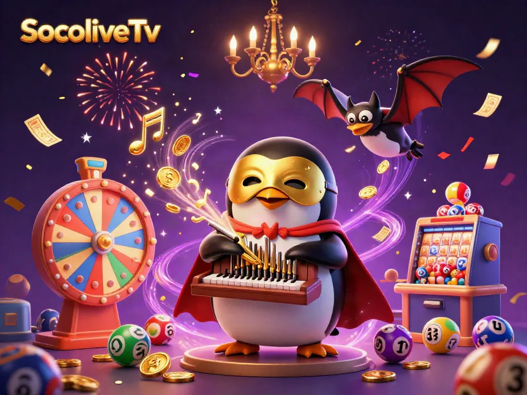 SocoliveTv showcases a dynamic 3D scene with a penguin and colorful gambling elements for an exciting online experience.