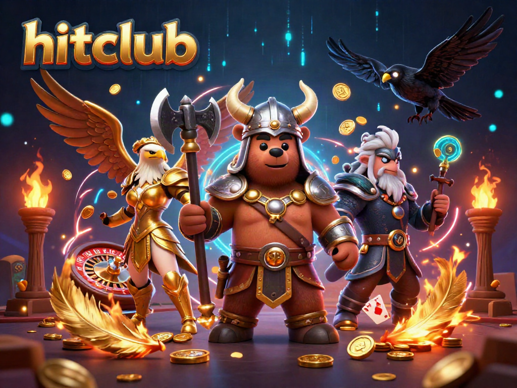 Engaging hitclub gaming scene with Viking bear and Valkyrie, surrounded by poker cards and golden tokens.
