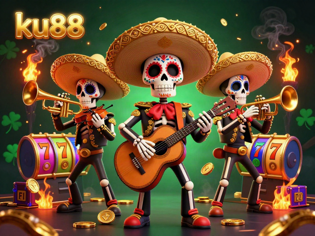 Experience the vibrant world of ku88 with a lively casino scene featuring a mariachi band and colorful slot elements.