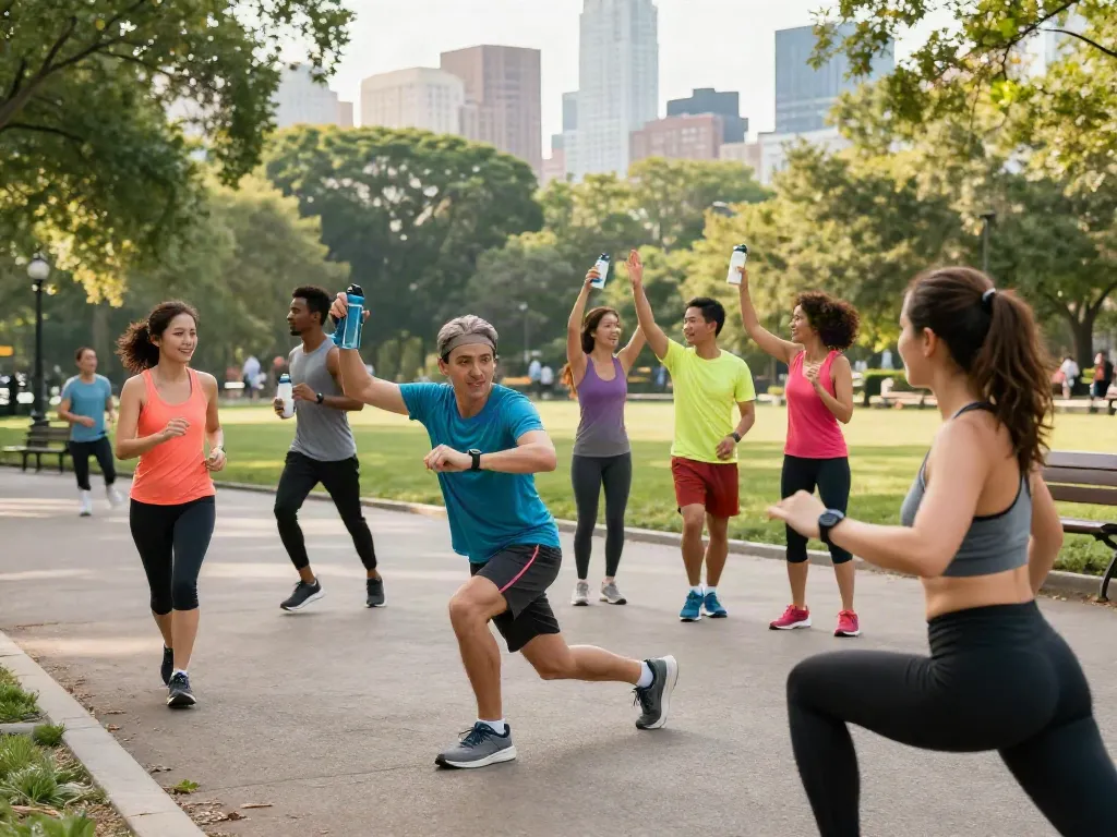 Diverse runners in a city park, Streek fitness movement represented.
