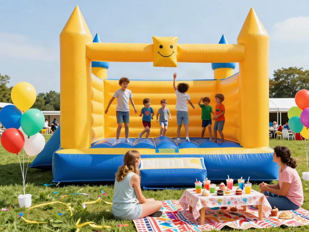 Children enjoying a bounce castle at a lively outdoor birthday party.